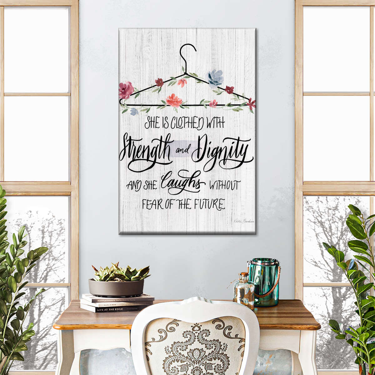 Scripture Hanger She Is Clothed With Strength And Dignity Wall Art Canvas - Canvas Religious Wall Art - Christian Wall Decor Living Room