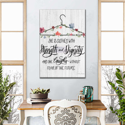 Scripture Hanger She Is Clothed With Strength And Dignity Wall Art Canvas - Canvas Religious Wall Art - Christian Wall Decor Living Room