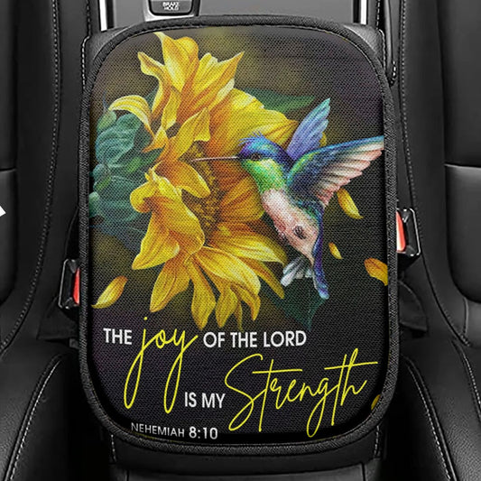Scripture Nehemiah 810 Hummingbird Sunflower Seat Box Cover, Bible Verse Car Center Console Cover, Scripture Interior Car Accessories