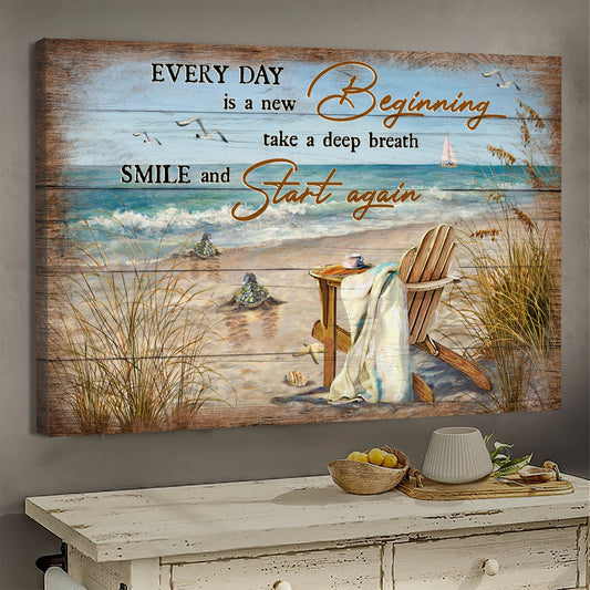 Sea Turtle On The Beach Every Day Is A New Beginning Canvas Wall Art - Christian Poster - Religious Wall Decor