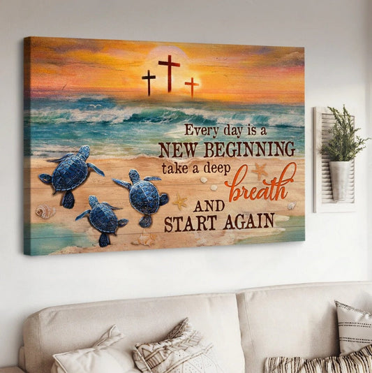Sea Turtle Pretty Sunset Deep Ocean Cross Every Day Is A New Beginning Canvas Wall Art - Christian Poster - Religious Wall Decor