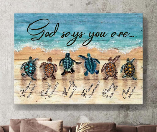 Sea Turtle Sand Beach Painting God Says You Are Canvas Wall Art - Christian Poster - Religious Wall Decor