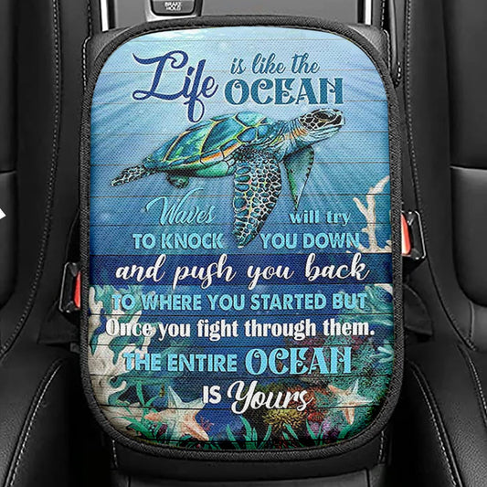 Sea Turtle Starfish Everyday Is A New Beginning Seat Box Cover, Christian Car Center Console Cover, Gift For Turle Lover