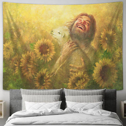 Smiling Jesus Christ Hugging Baby Lamb Tapestry - Seeds of Joy - Sunflower Wall Tapestry - Christian Tapestry - Religious Tapestry - Ciaocustom