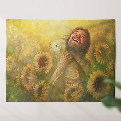 Smiling Jesus Christ Hugging Baby Lamb Tapestry - Seeds of Joy - Sunflower Wall Tapestry - Christian Tapestry - Religious Tapestry - Ciaocustom