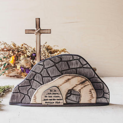 Wooden Easter Resurrection Scene Set - He Is Risen Wooden - The Empty Tomb Wooden For Easter Home Holiday Table Décor