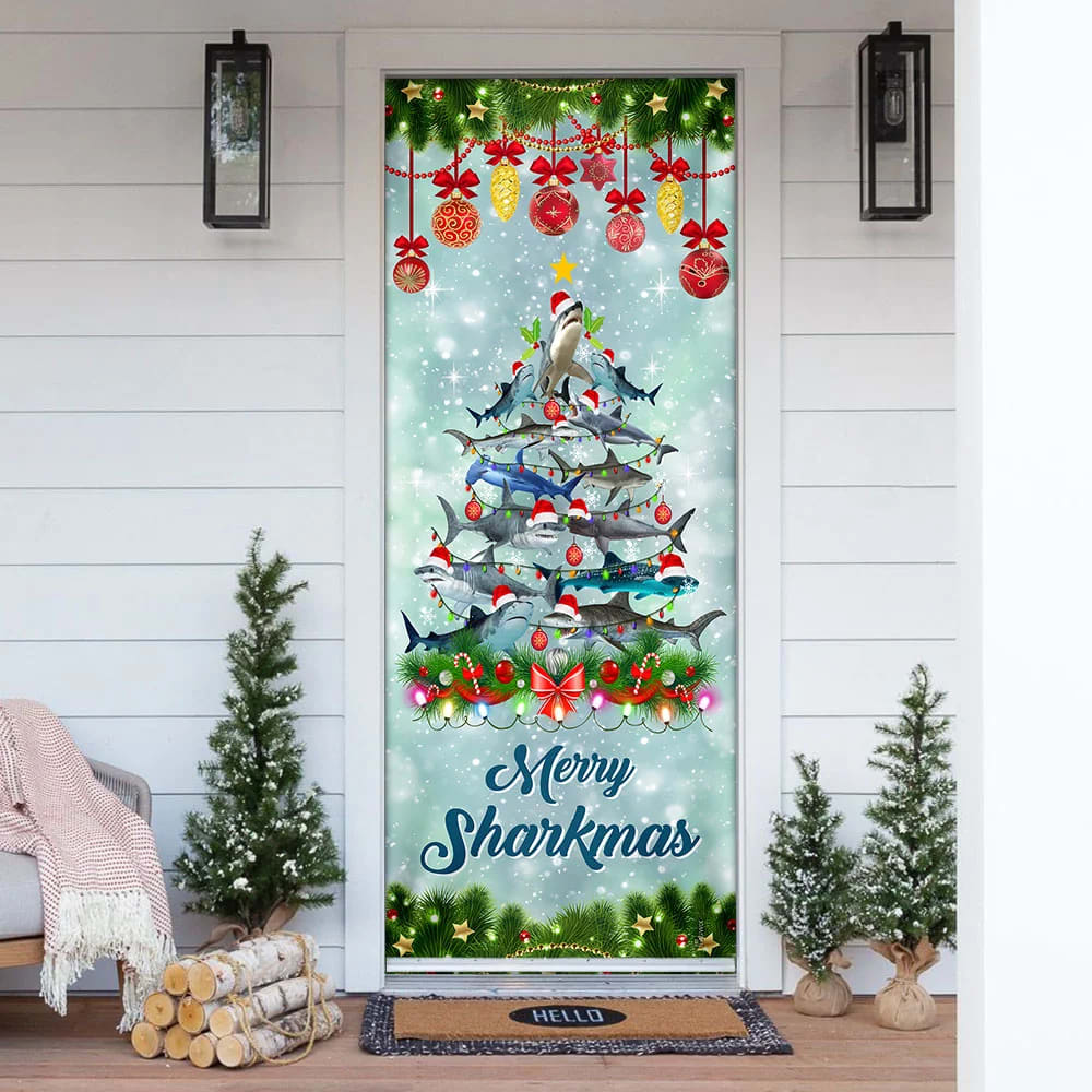 Shark Christmas Tree Door Cover - Merry Sharkmas Door Cover - Christmas Door Cover - Christmas Outdoor Decoration