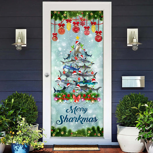 Shark Christmas Tree Door Cover - Merry Sharkmas Door Cover - Christmas Door Cover - Christmas Outdoor Decoration