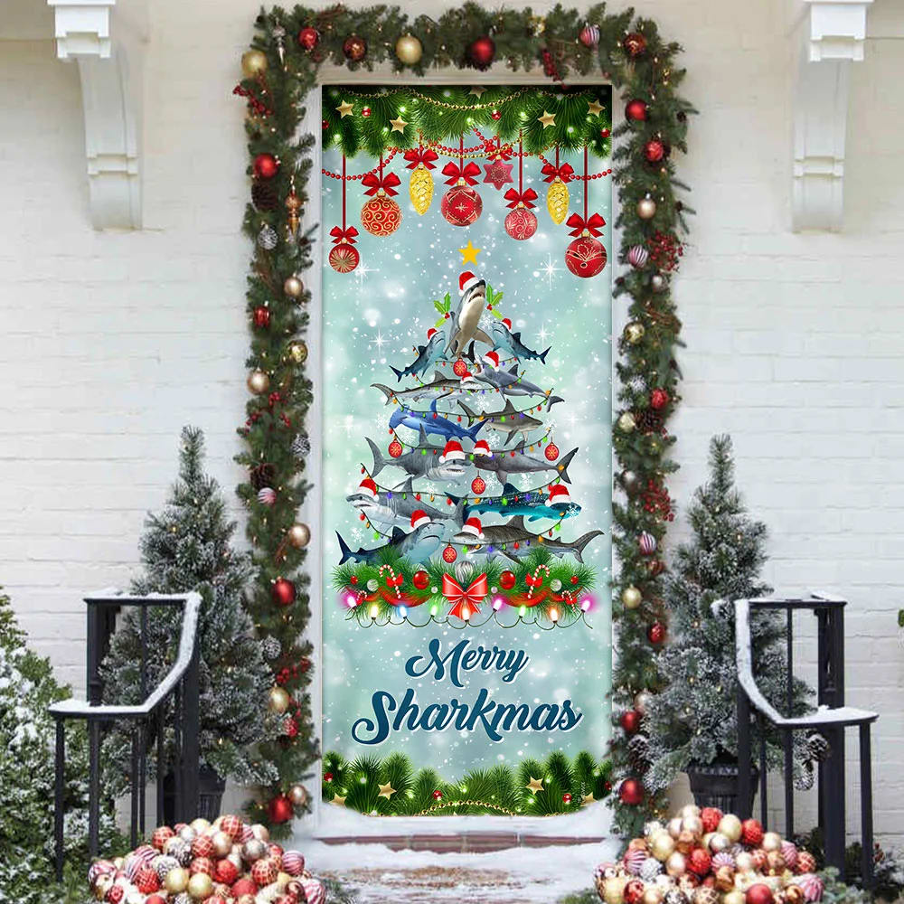 Shark Christmas Tree Door Cover - Merry Sharkmas Door Cover - Christmas Door Cover - Christmas Outdoor Decoration