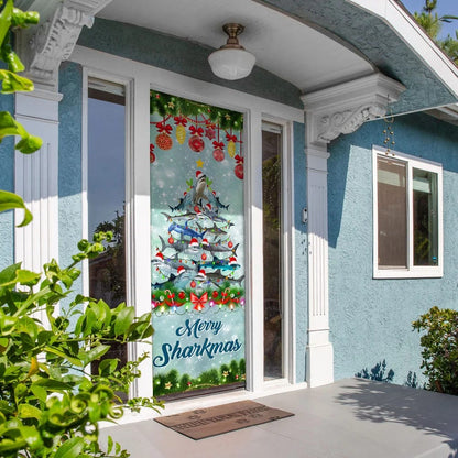 Shark Christmas Tree Door Cover - Merry Sharkmas Door Cover - Christmas Door Cover - Christmas Outdoor Decoration