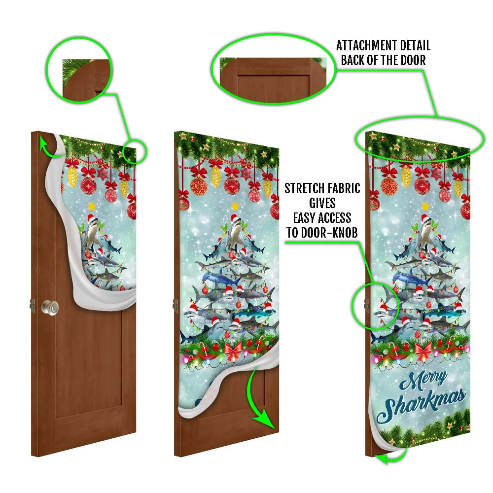 Shark Christmas Tree Door Cover - Merry Sharkmas Door Cover - Christmas Door Cover - Christmas Outdoor Decoration
