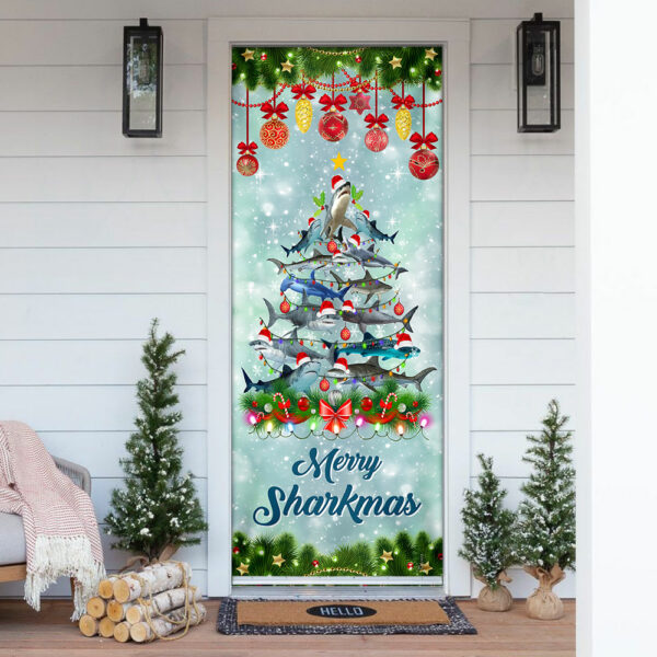 Shark Christmas Tree Door Cover - Merry Sharkmas Door Cover - Christmas Door Cover - Christmas Outdoor Decoration