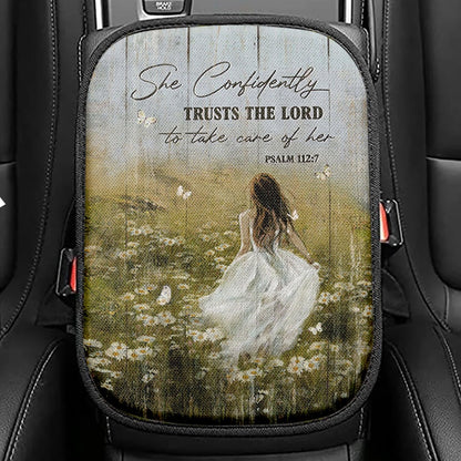 She Confidently Trusts The Lord To Take Care Of Her Green Flower Field White Butterfly Seat Box Cover, Christian Car Center Console Cover