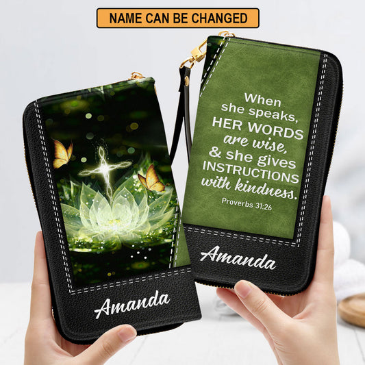 She Gives Instructions With Kindness Lotus Proverbs 3126 Scripture Gifts For Woman Of God Clutch Purse For Women - Personalized Name