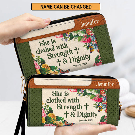 She Is Clothed With Strength And Dignity Adorable Clutch Purse For Women - Personalized Name - Christian Gifts For Women