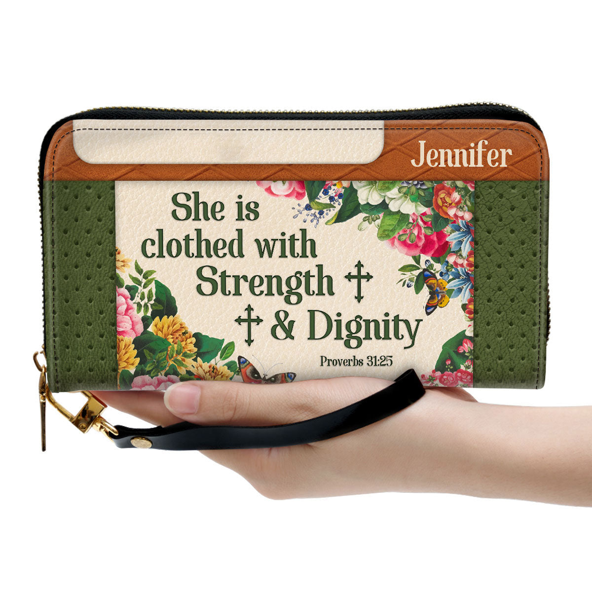 She Is Clothed With Strength And Dignity Adorable Clutch Purse For Women - Personalized Name - Christian Gifts For Women