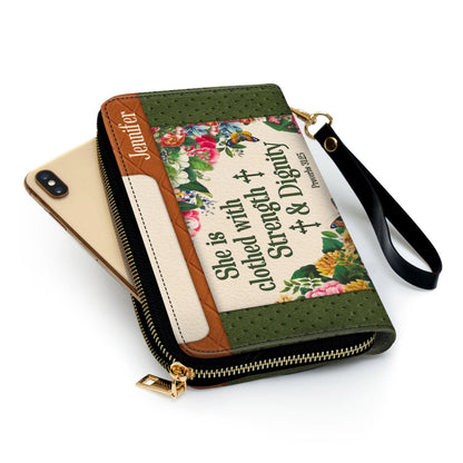She Is Clothed With Strength And Dignity Adorable Clutch Purse For Women - Personalized Name - Christian Gifts For Women