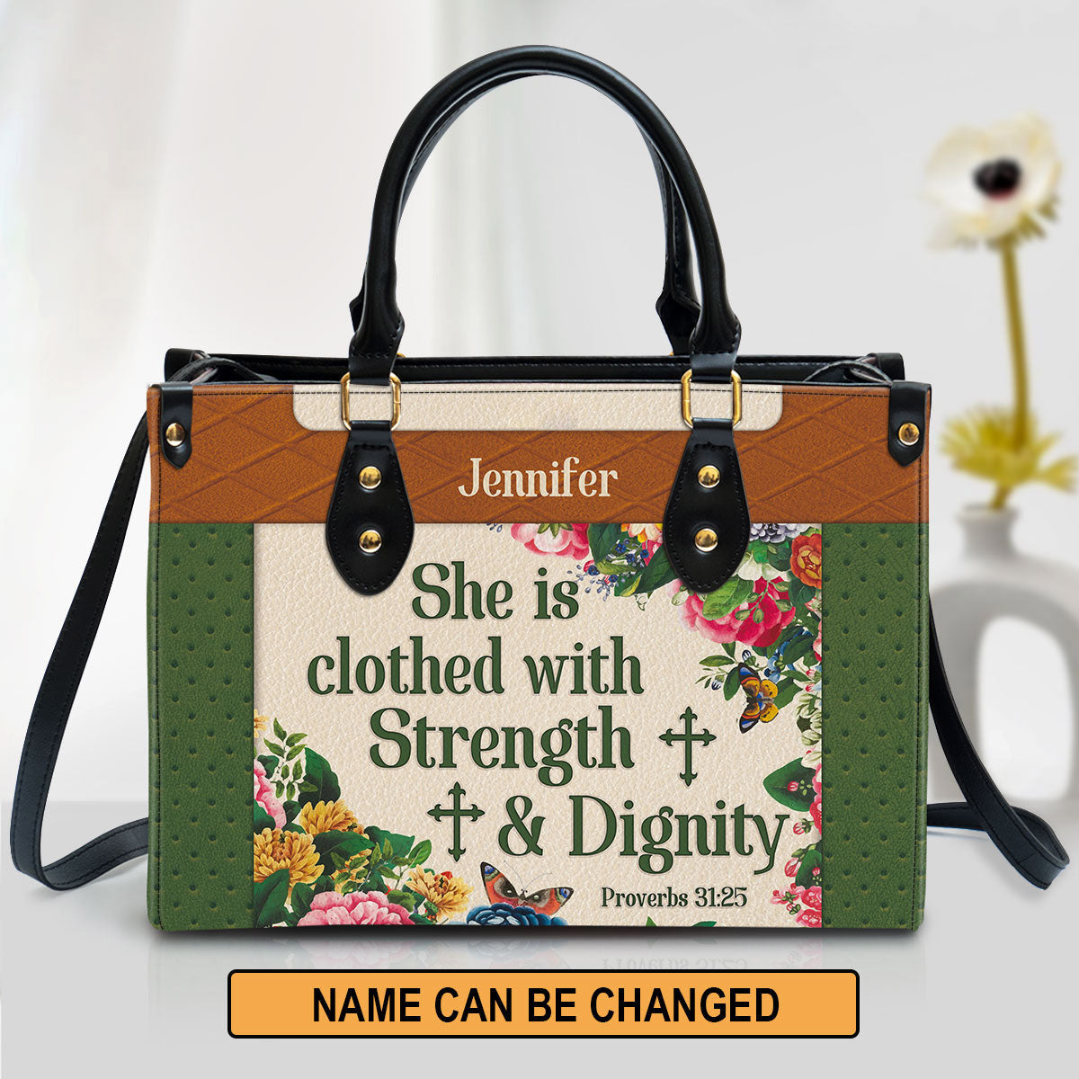 She Is Clothed With Strength And Dignity Leather Bag - Custom Name Flower Leather Handbag - Christian Gifts For Women