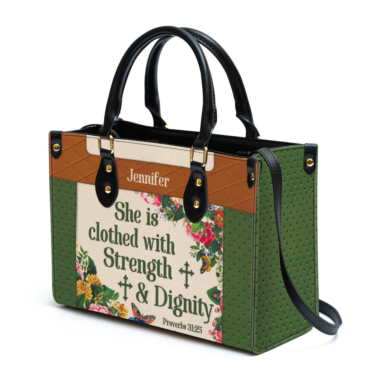 She Is Clothed With Strength And Dignity Leather Bag - Custom Name Flower Leather Handbag - Christian Gifts For Women