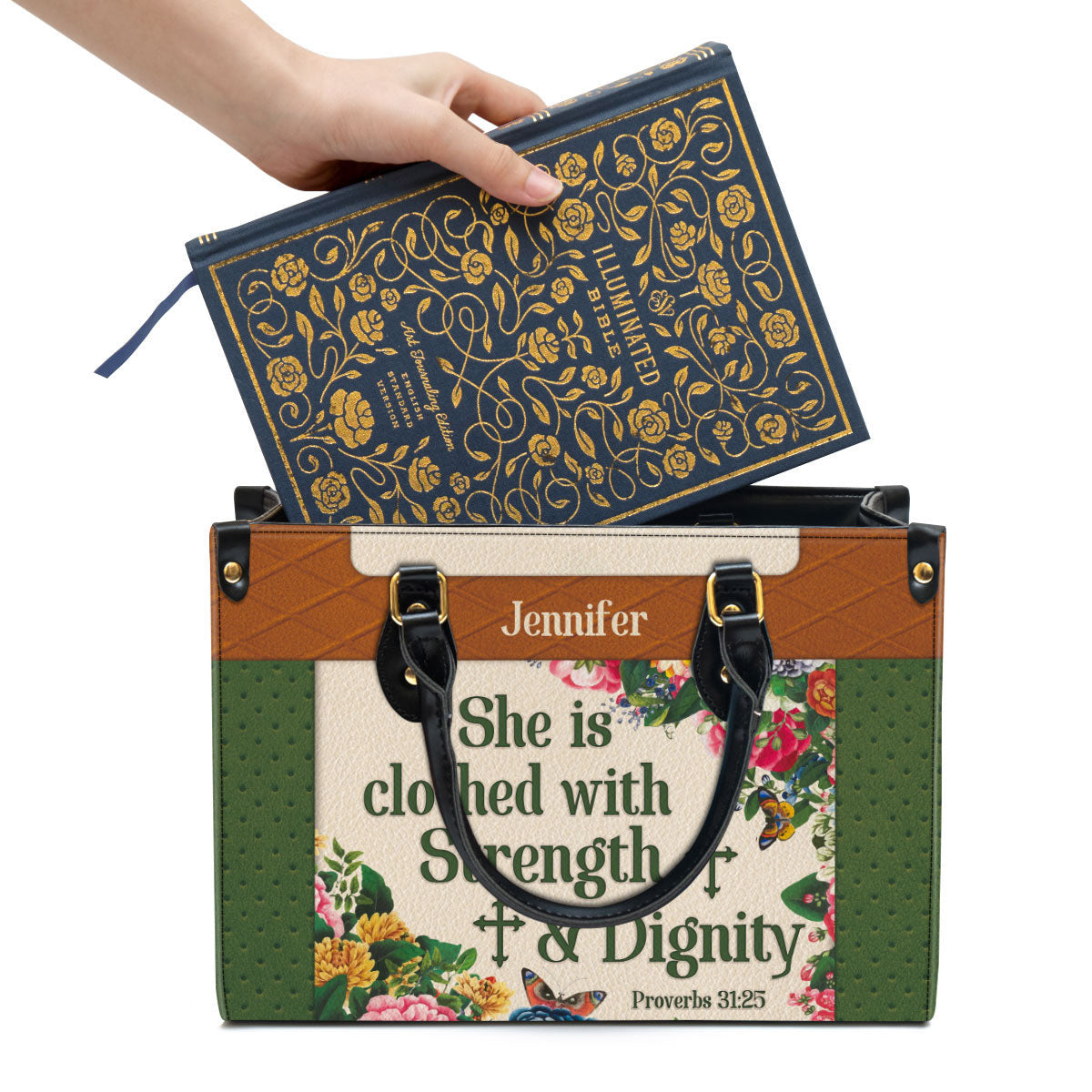 She Is Clothed With Strength And Dignity Leather Bag - Custom Name Flower Leather Handbag - Christian Gifts For Women