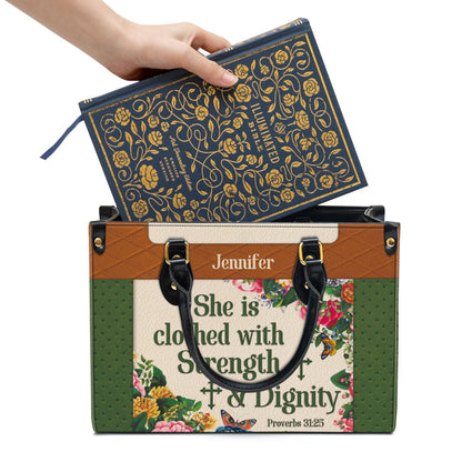 She Is Clothed With Strength And Dignity Leather Bag - Custom Name Flower Leather Handbag - Christian Gifts For Women