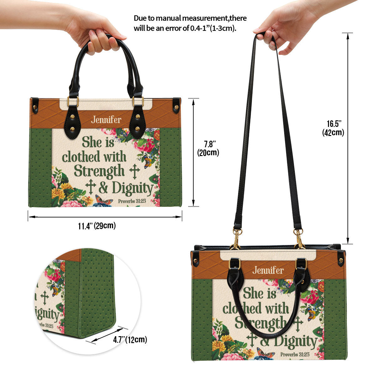 She Is Clothed With Strength And Dignity Leather Bag - Custom Name Flower Leather Handbag - Christian Gifts For Women