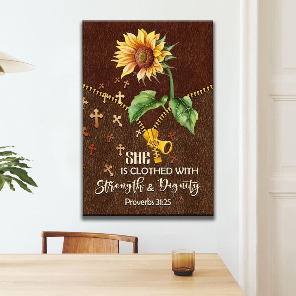 She Is Clothed With Strength And Dignity Sunflower Canvas Art - Bible Verse Canvas - Scripture Wall Art