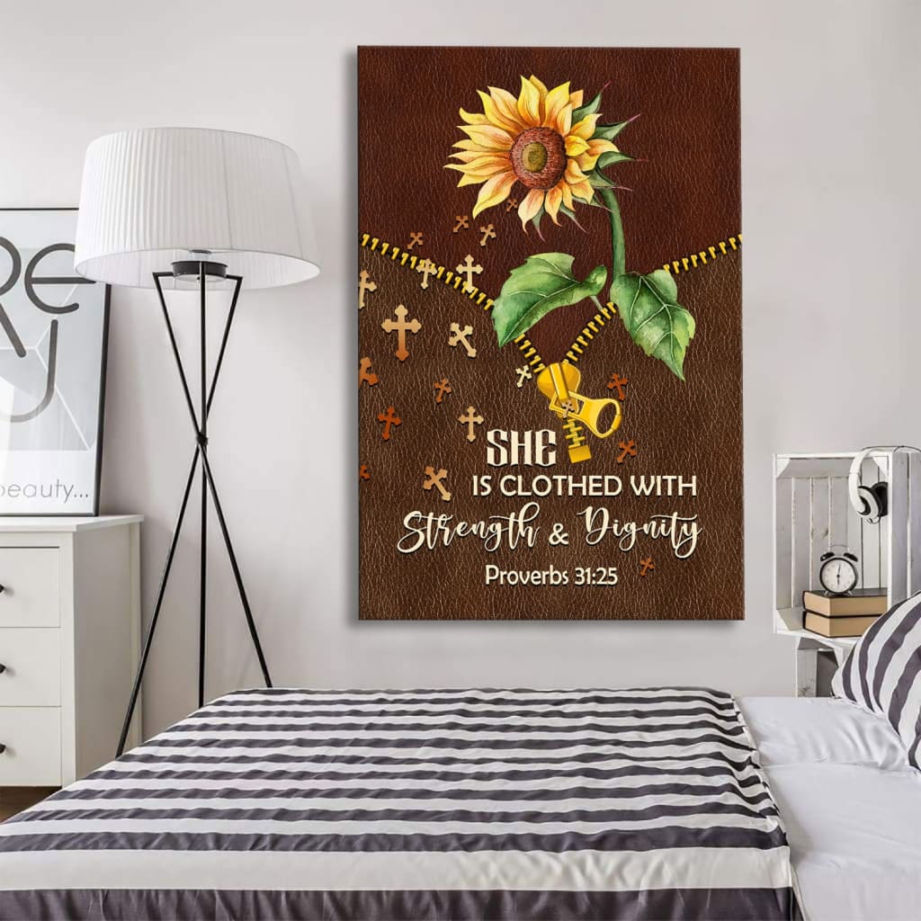 She Is Clothed With Strength And Dignity Sunflower Canvas Art - Bible Verse Canvas - Scripture Wall Art