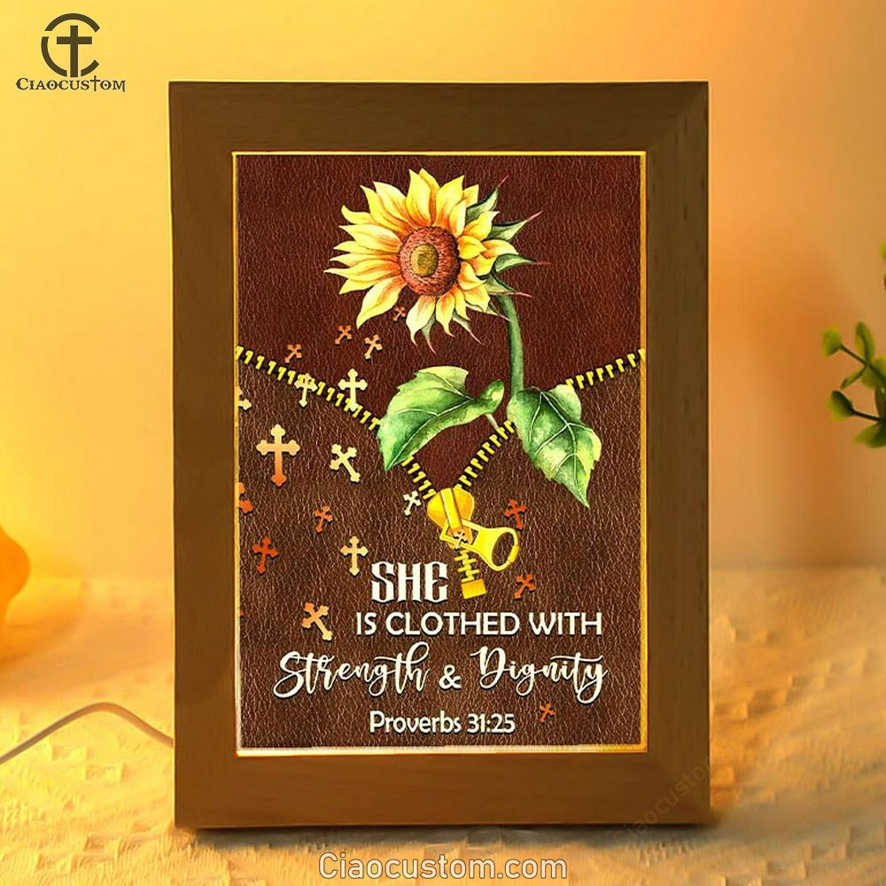 She Is Clothed With Strength And Dignity Sunflower Frame Lamp Prints - Bible Verse Wooden Lamp - Scripture Night Light