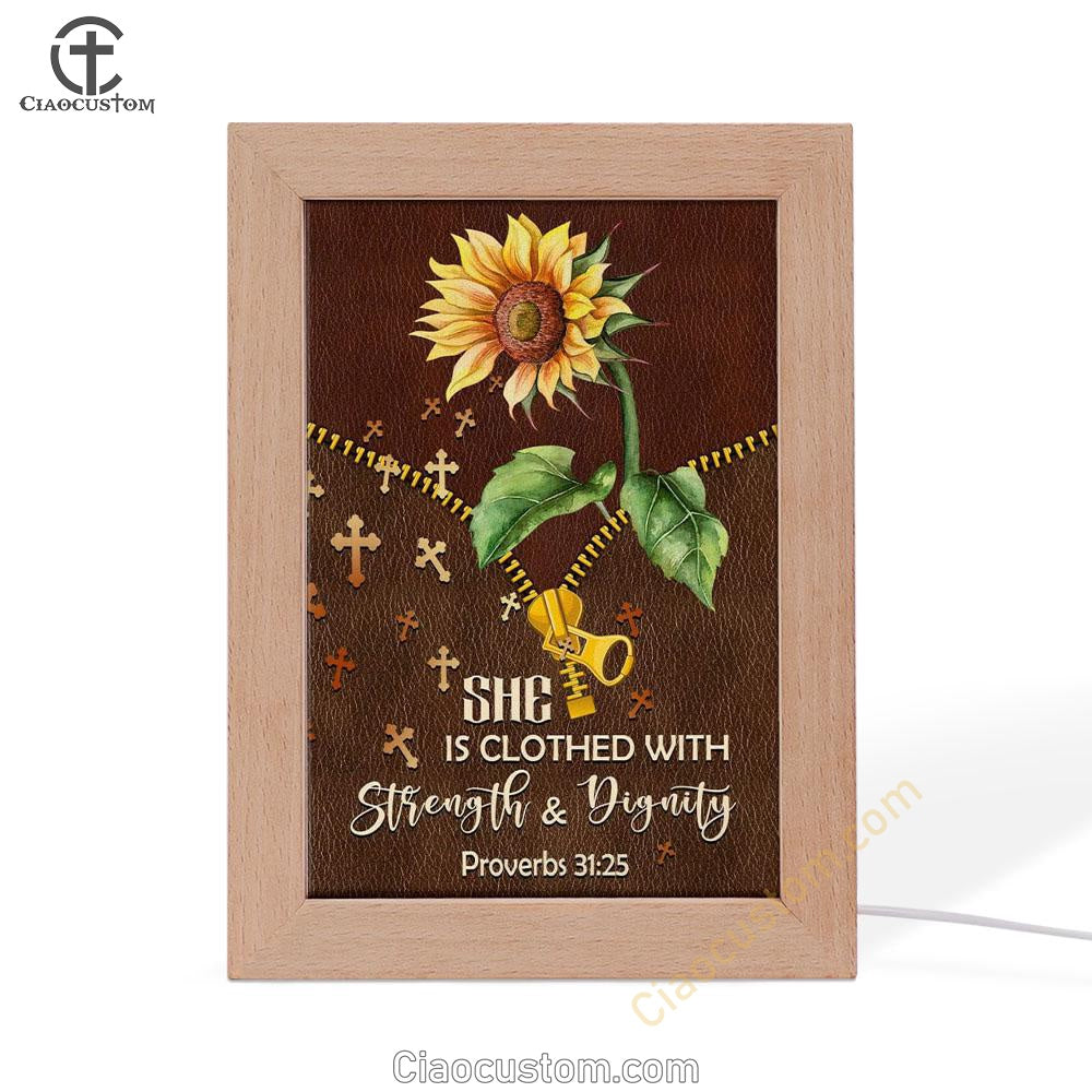 She Is Clothed With Strength And Dignity Sunflower Frame Lamp Prints - Bible Verse Wooden Lamp - Scripture Night Light