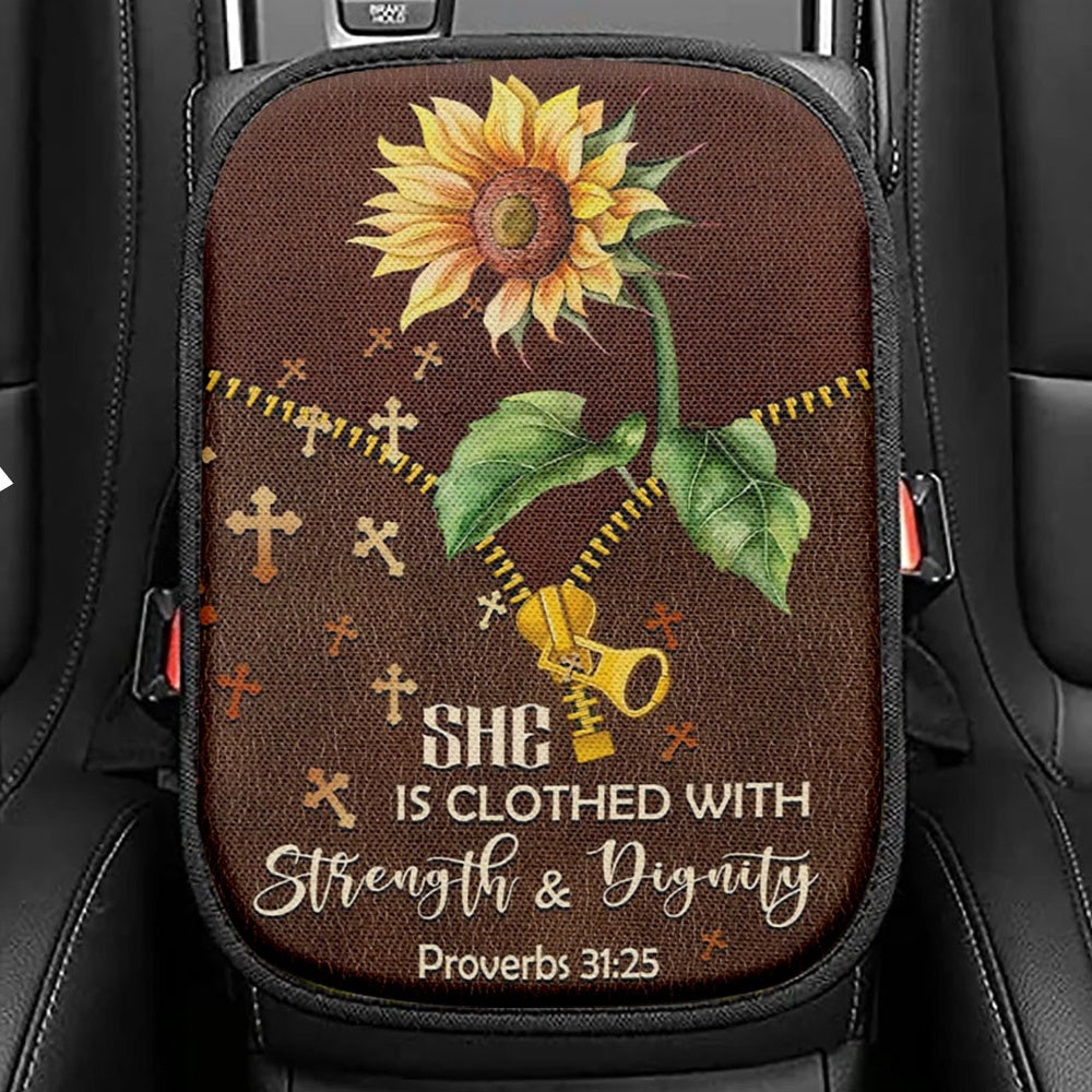 She Is Clothed With Strength And Dignity Sunflower Seat Box Cover, Bible Verse Car Center Console Cover, Scripture Car Interior Accessories