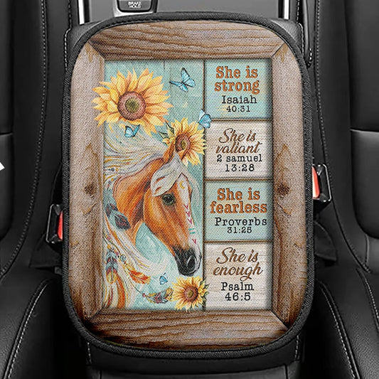 She Is Strong Horse Sunflower Butterfly Seat Box Cover, Inspirational Car Center Console Cover, Christian Car Interior Accessories