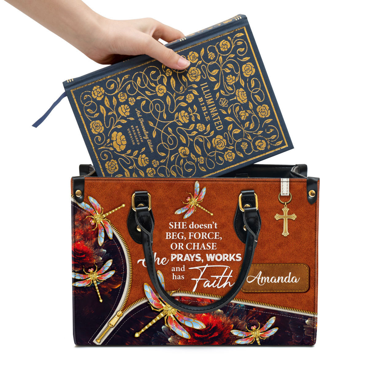 She Prays Works And Has Faith Personalized Dragonfly Leather Bag - Women Pu Leather Bag - Christian Gifts For Women