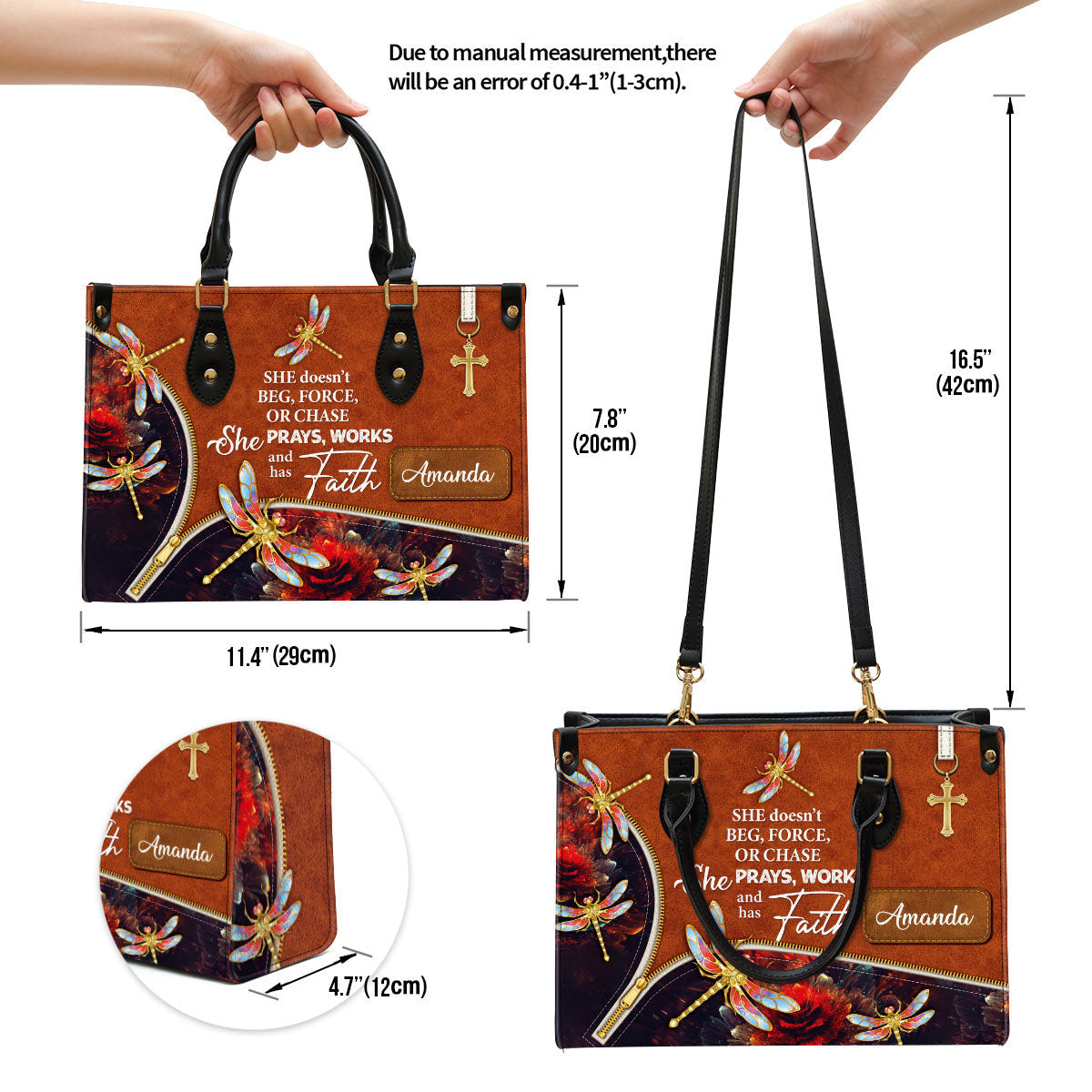 She Prays Works And Has Faith Personalized Dragonfly Leather Bag - Women Pu Leather Bag - Christian Gifts For Women