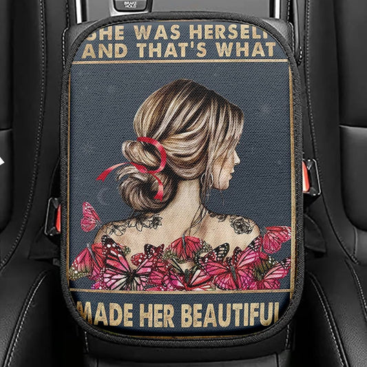 She Remembered Who She Was Seat Box Cover, Boho Hippie Butterfly Car Center Console Cover