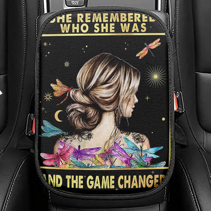 She Remembered Who She Was Seat Box Cover, Boho Hippie Dragonfly Car Center Console Cover
