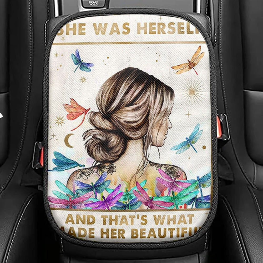 She Was Herself Seat Box Cover, Boho Hippie Positive Quotes Car Center Console Cover, Bohemian Dragonfly Car Interior Accessories
