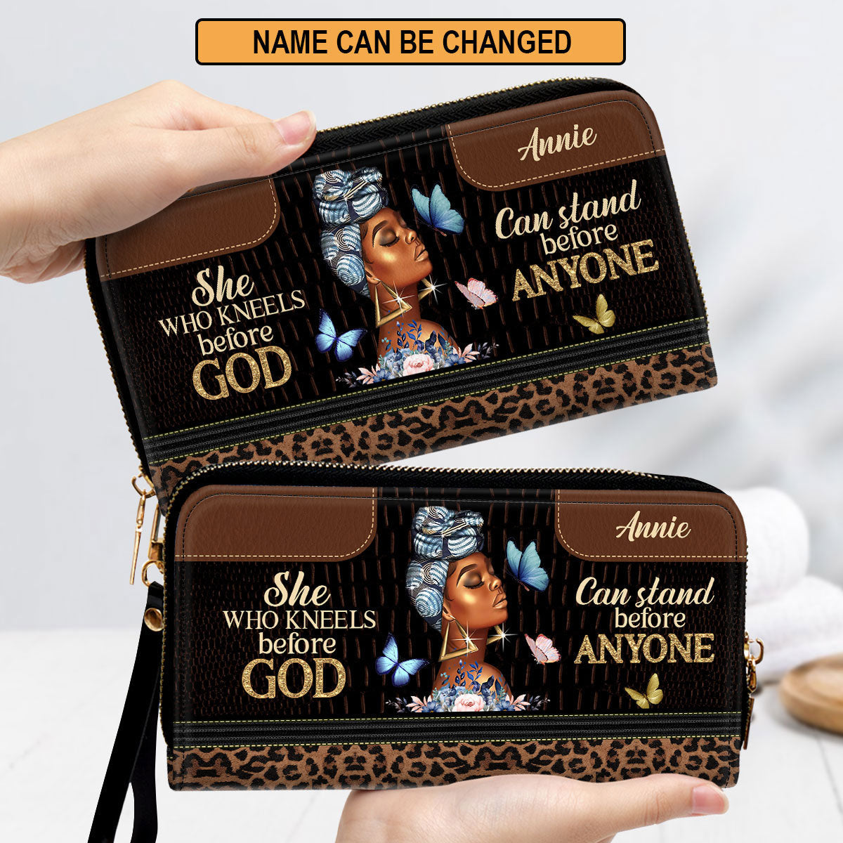 She Who Kneels Before God Can Stand Before Anyone Clutch Purse For Women - Personalized Name - Christian Gifts For Women