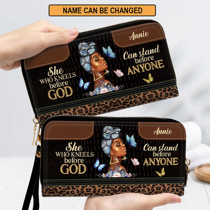 She Who Kneels Before God Can Stand Before Anyone Clutch Purse For Women - Personalized Name - Christian Gifts For Women