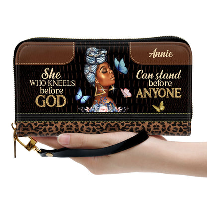 She Who Kneels Before God Can Stand Before Anyone Clutch Purse For Women - Personalized Name - Christian Gifts For Women