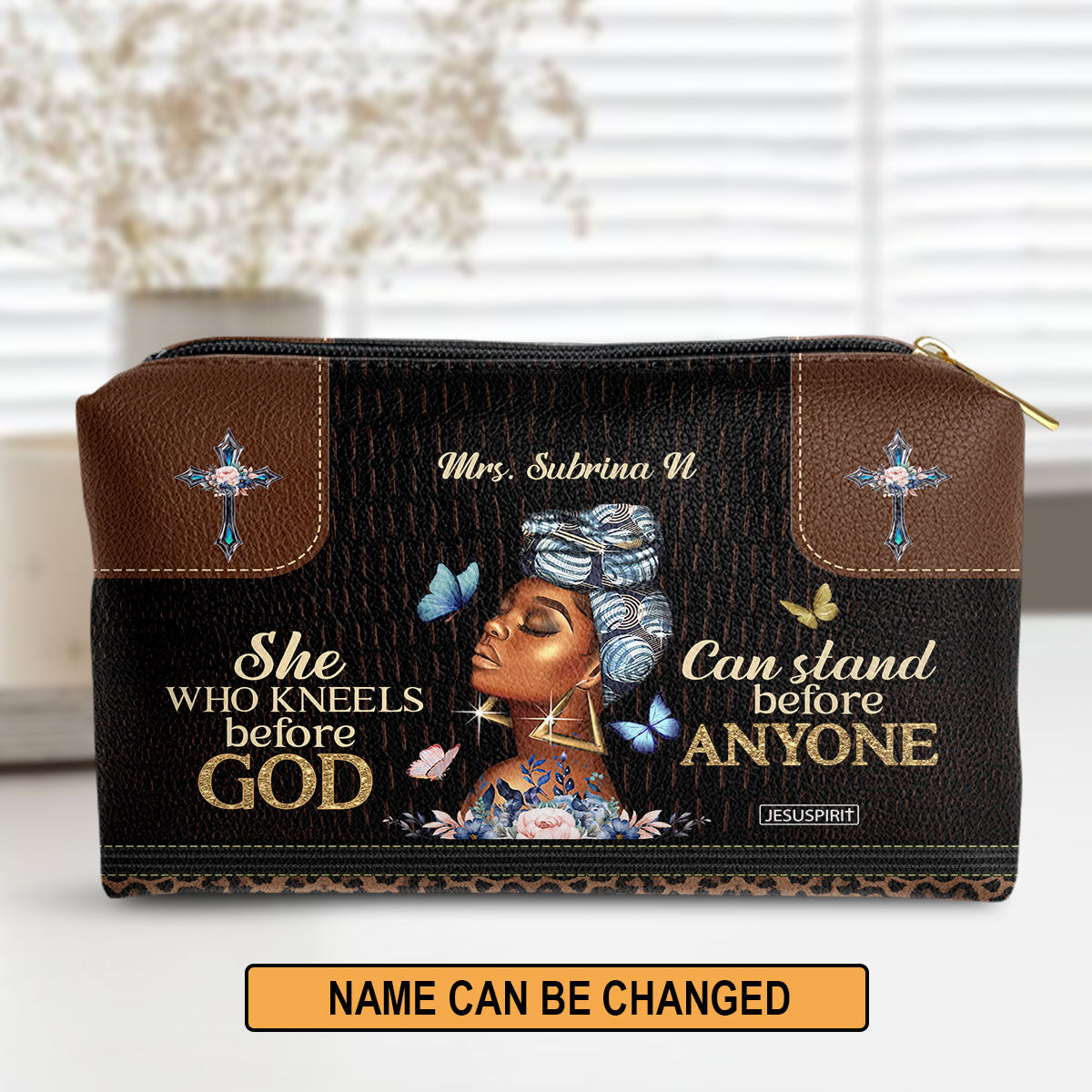 She Who Kneels Before God Can Stand Before Anyone Personalized Leather Pouch - Spiritual Gift For Christian Mom