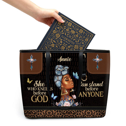 She Who Kneels Before God Can Stand Before Anyone Personalized Pu Leather Tote Bag For Women - Mom Gifts For Mothers Day