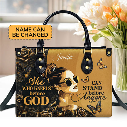 She Who Kneels Before God  Personalized Leather Handbag With Zipper - Inspirational Gift Christian Ladies