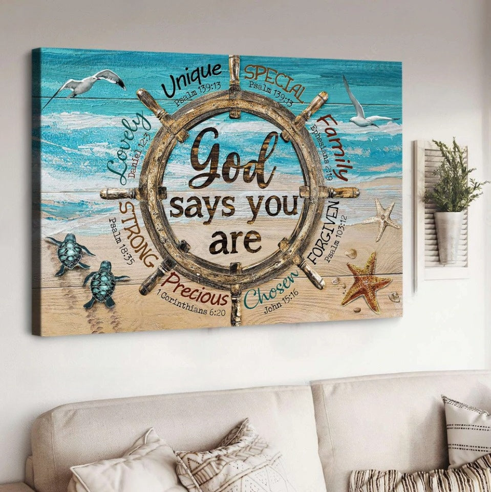Ship Wheel Sea Turtle God Says You Are Canvas Wall Art - Christian Poster - Religious Wall Decor