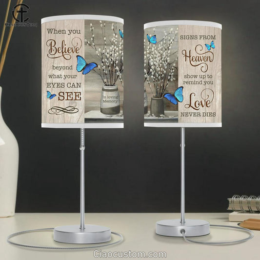 Signs From Heaven Show Up To Remind You Love Never Dies Blue Butterflies Flowers Large Table Lamp - Religious Table Lamp Art