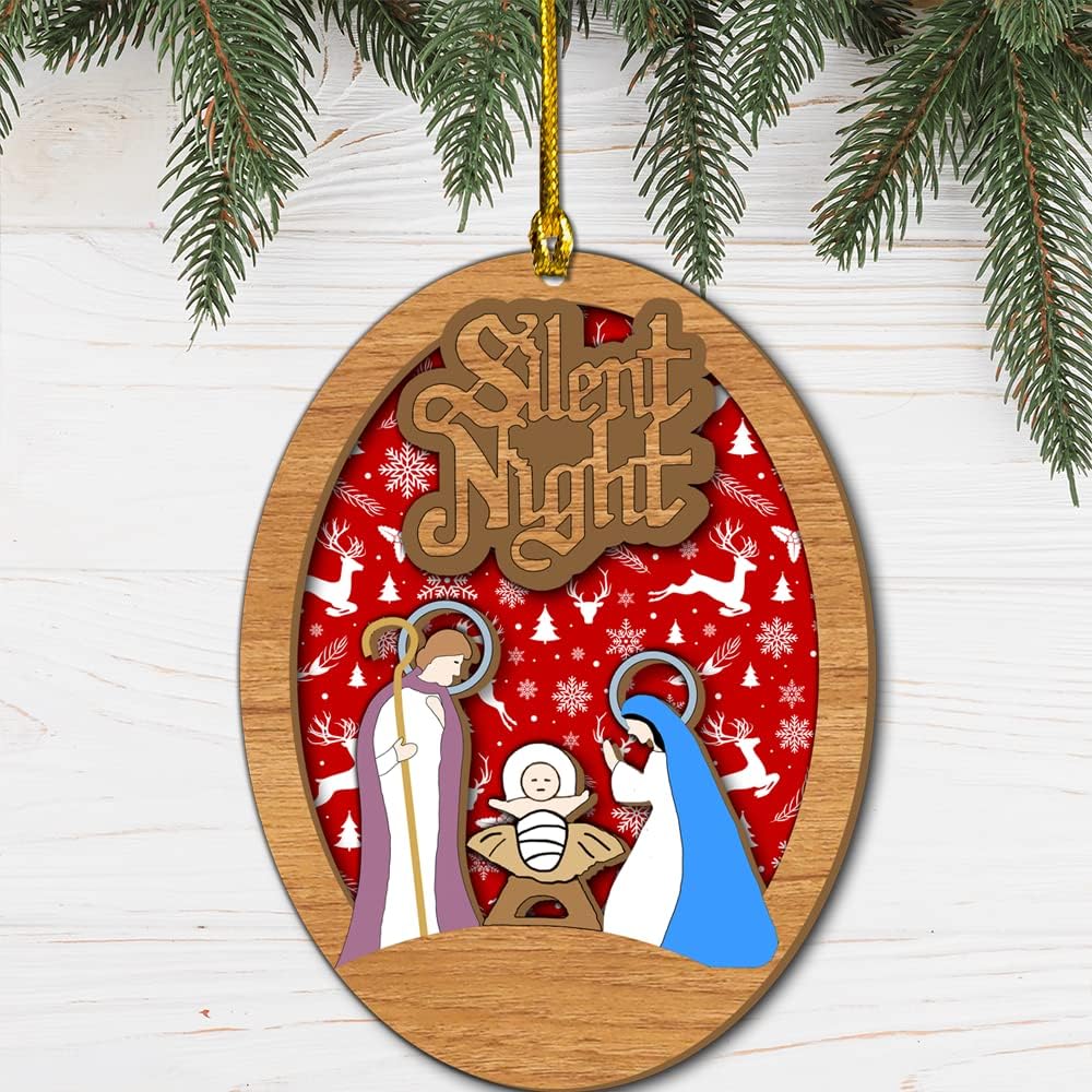 Silent Night Christian Nativity Wood Layered Ornaments - Christmas Tree Ornament