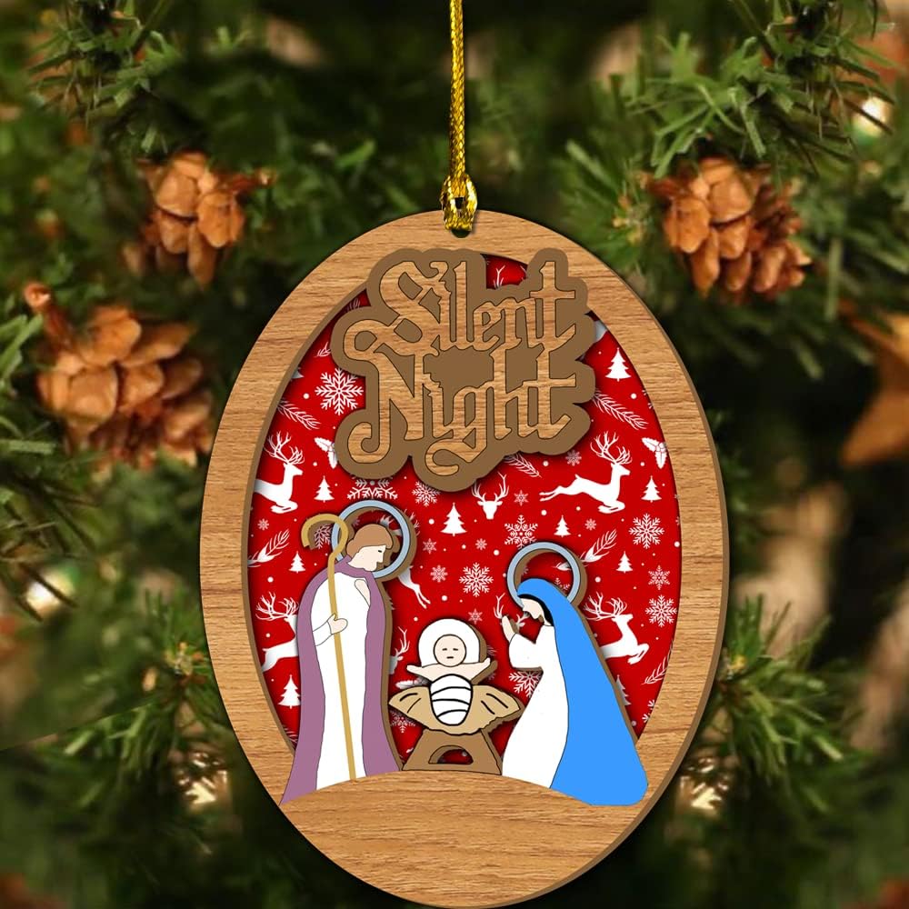 Silent Night Christian Nativity Wood Layered Ornaments - Christmas Tree Ornament