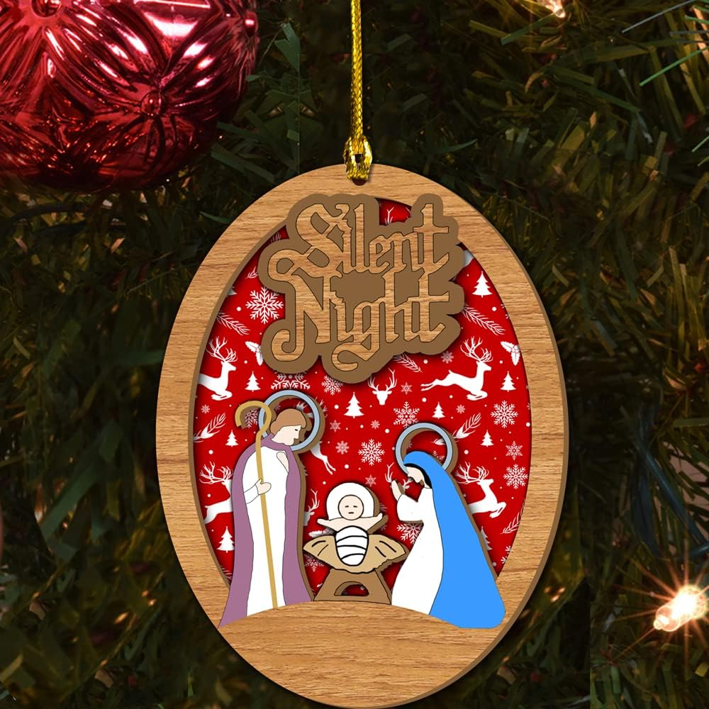 Silent Night Christian Nativity Wood Layered Ornaments - Christmas Tree Ornament