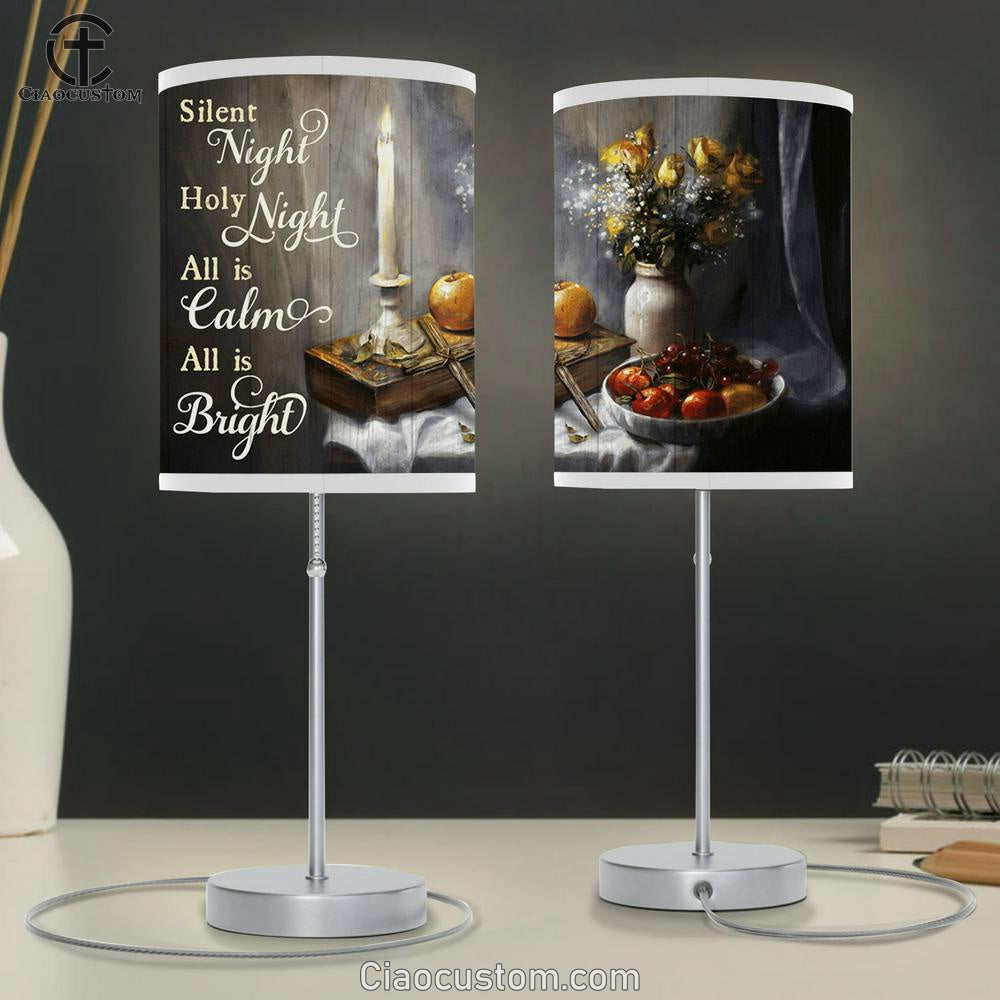 Silent Night Holy Night All Is Calm All Is Bright Candle Cross Fruit Flower Large Table Lamp - Christian Table Lamp Prints Art