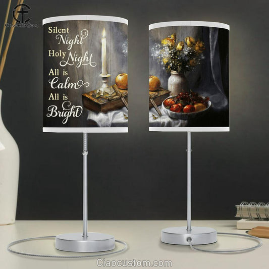 Silent Night Holy Night All Is Calm All Is Bright Candle Cross Fruit Flower Large Table Lamp - Christian Table Lamp Prints Art